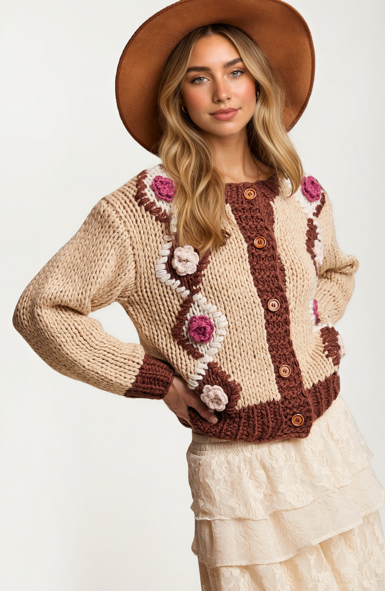 Knit and Lounge Chunky Floral Crochet Knit Cardigan, Alternate, color, Brown With Floral Accents