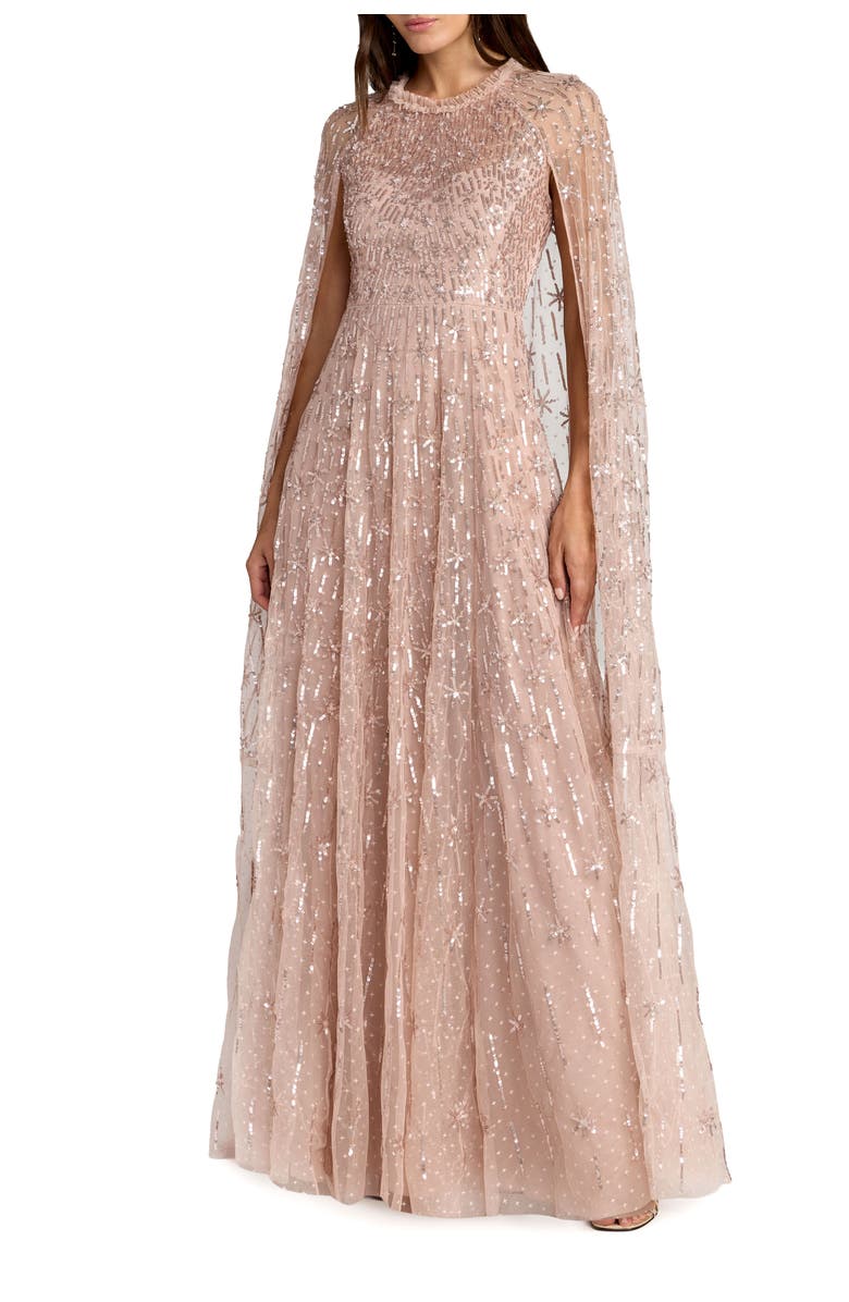 Mac Duggal Embellished Mesh Column Gown With Cape Sleeves, Main, color, Rose