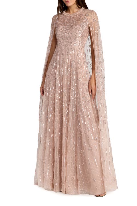 Embellished Mesh Column Gown With Cape Sleeves