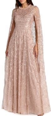 Mac Duggal Embellished Mesh Column Gown With Cape Sleeves