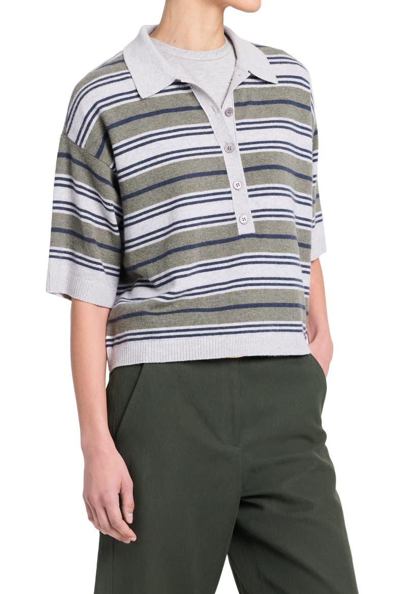 Stripe Half Placket Stretch Wool Polo Sweater, Alternate, color, MOSS / NIGHT SKY