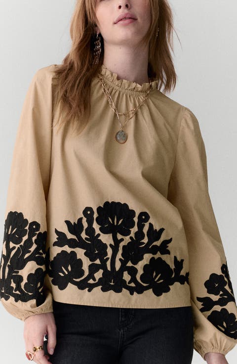 Floral Embroidered Mock Neck Top