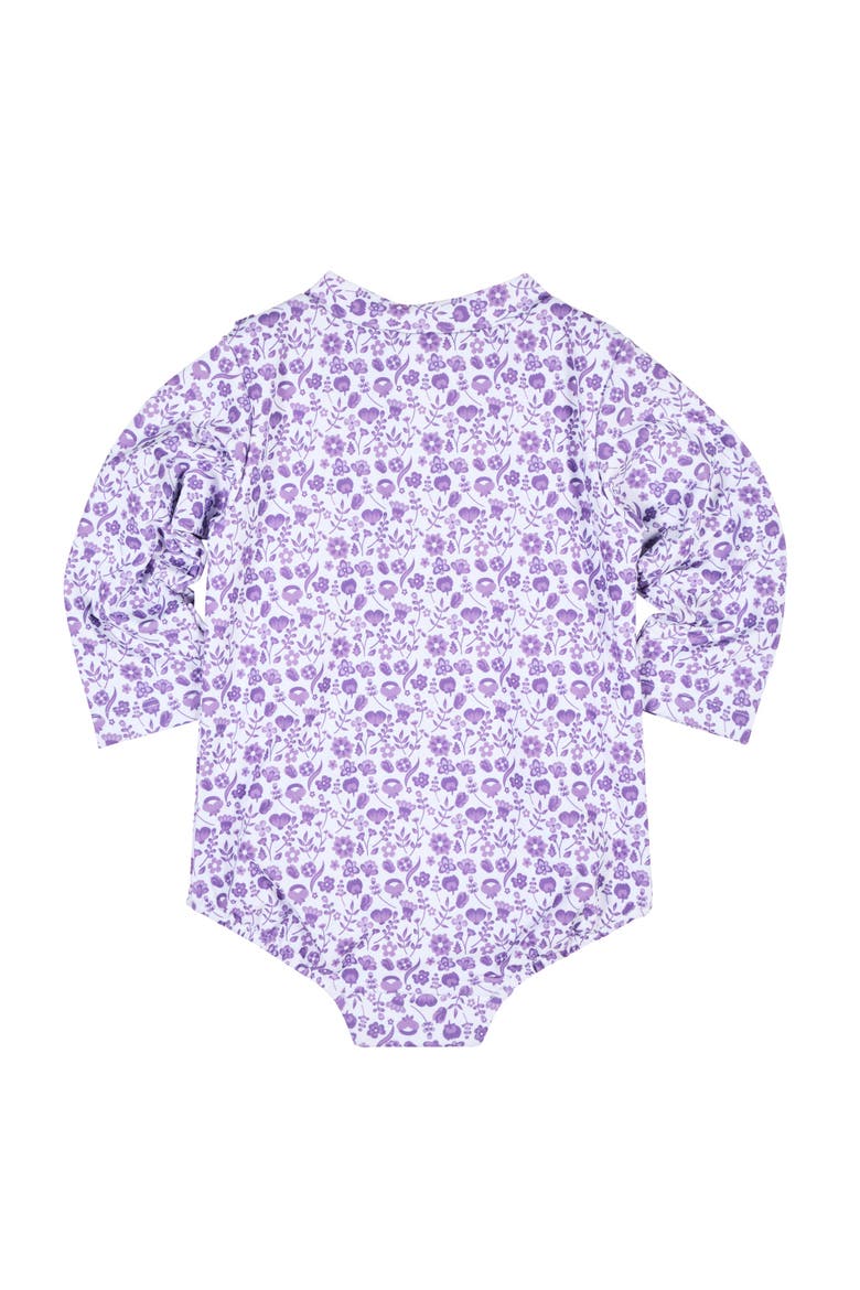 Floral Print One Piece Rashguard with Ruffles, Alternate, color, Purple/White