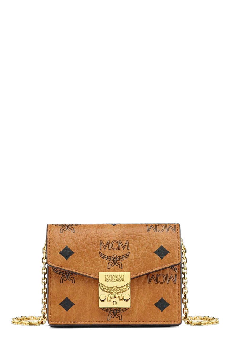 MCM Tracy Chain Card Wallet in Visetos, Main, color, Cognac
