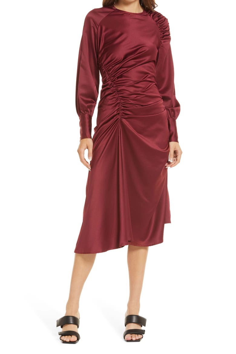 Asymmetrical Long Sleeve Midi Dress, Main, color, WINE