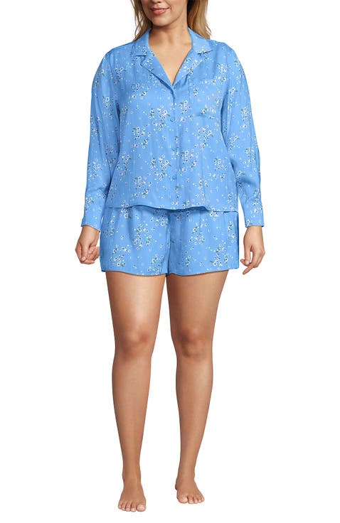 Plus Size Matte Satin 2 Piece Pajama Set - Long Sleeve Top and Shorts