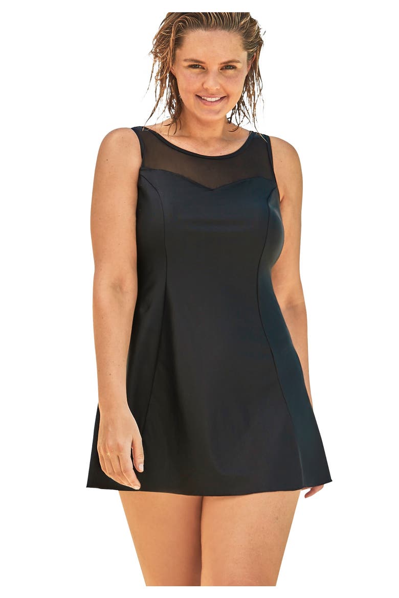 Mesh High Neck Swimdress, Main, color, Black