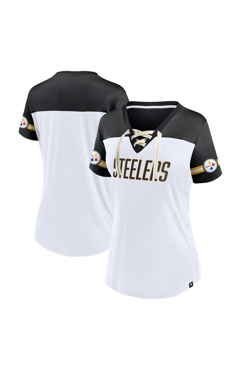 FANATICS Women's Fanatics Branded White Pittsburgh Steelers Dueling Slant V-Neck Lace-Up T-Shirt, Main, color, 