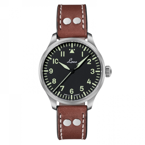 Augsburg - 39mm, Black Dial, Type A Pilot Watch, Brown Riveted Leather Strap