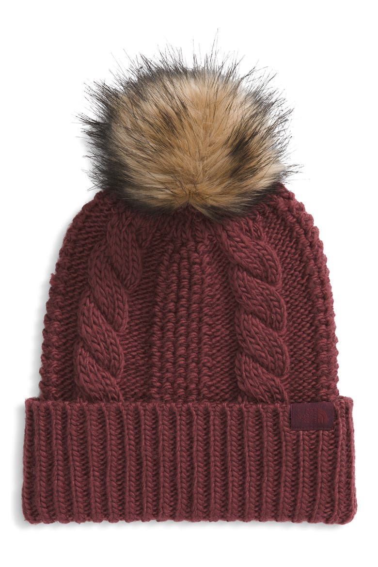 Oh Mega Faux Fur Pompom Beanie, Main, color, SUMAC