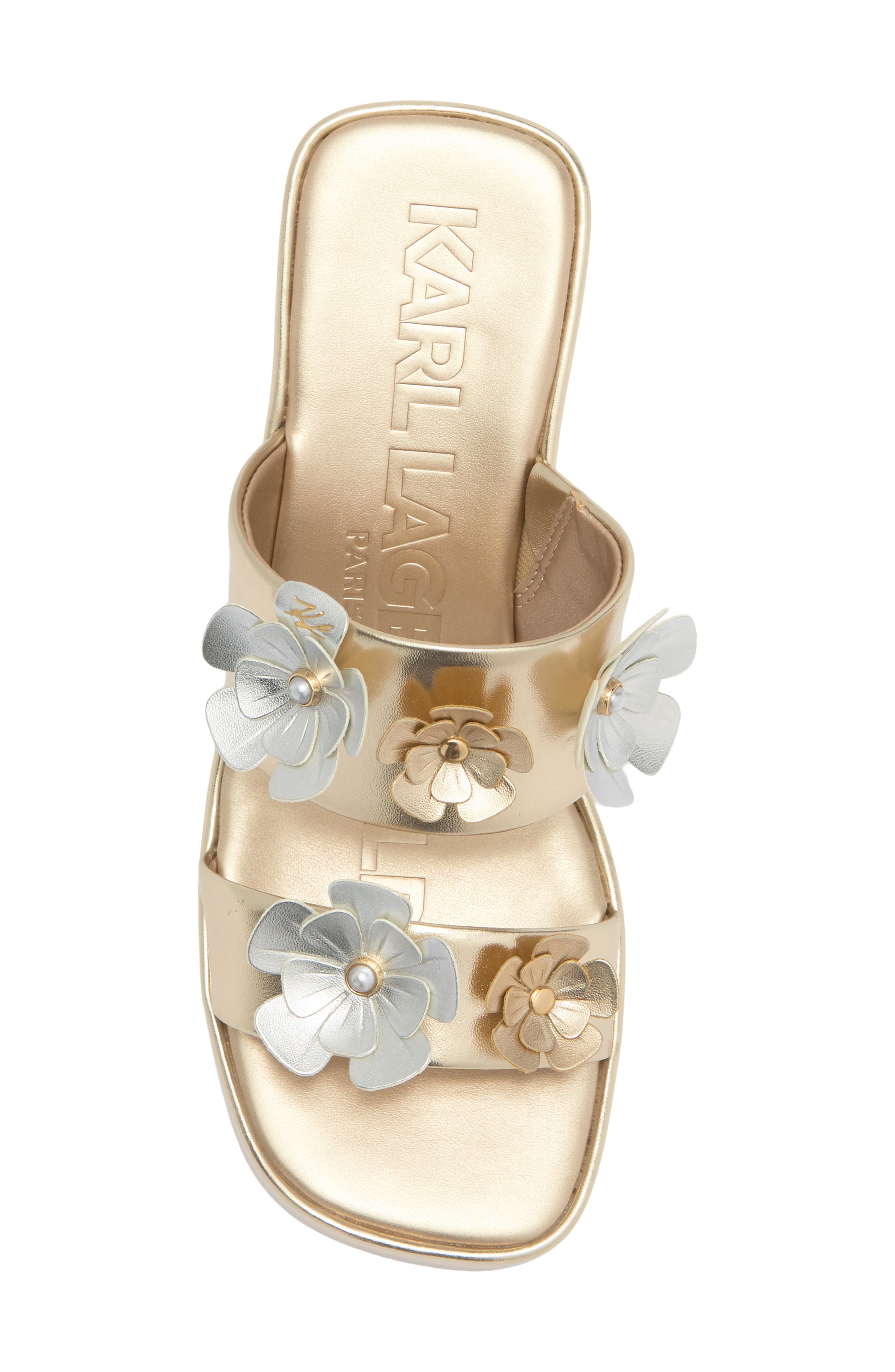 KARL LAGERFELD PARIS Moracco Flower Platform Slide Sandal, Alternate, color, White Gold