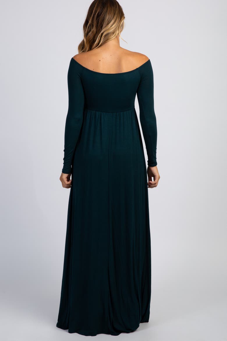 Ivory Solid Off Shoulder Maxi Dress, Alternate, color, Forest Green
