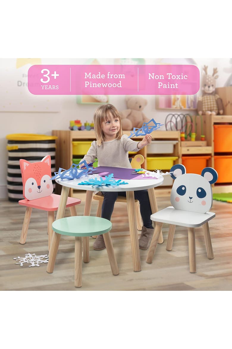 Kids Wooden Animal Table & Chair Set w 4 Seats- Tiger Panda Fox & Adult Stool, Alternate, color, None