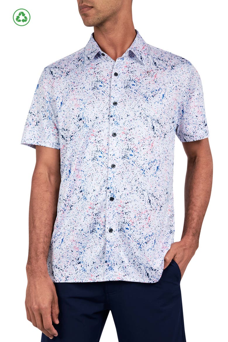 Regular Fit Splatter Print Recycled Performance Golf Button-Down Shirt, Main, color, WHITE
