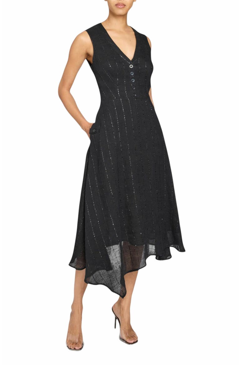 Nia Sleeveless Midi Dress with Asymmetric Hemline and Button Details in Metallic Striped Linen, Alternate, color, BLACK
