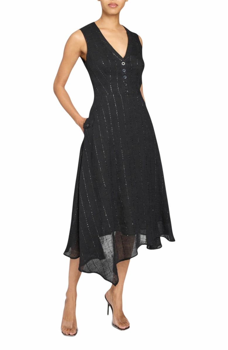 Santorelli Nia Sleeveless Midi Dress with Asymmetric Hemline and Button Details in Metallic Striped Linen, Alternate, color, Black
