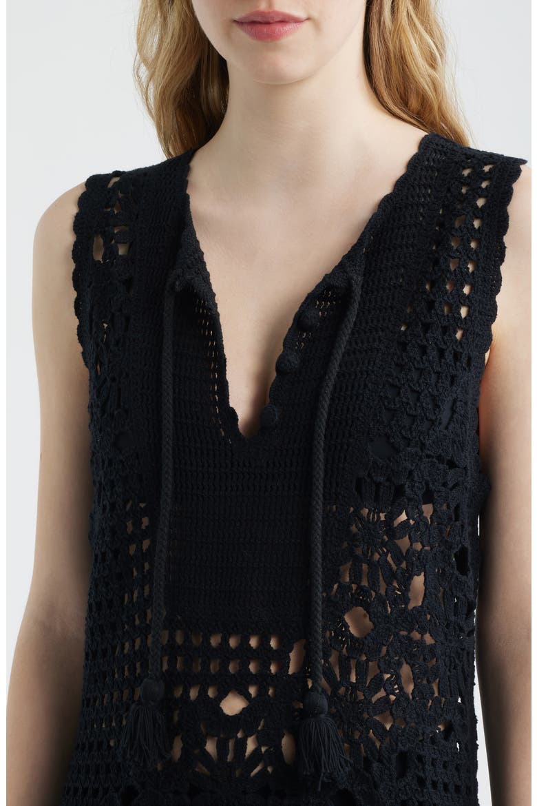 The Postcard Tie Neck Crochet Maxi Dress, Alternate, color, BLACK