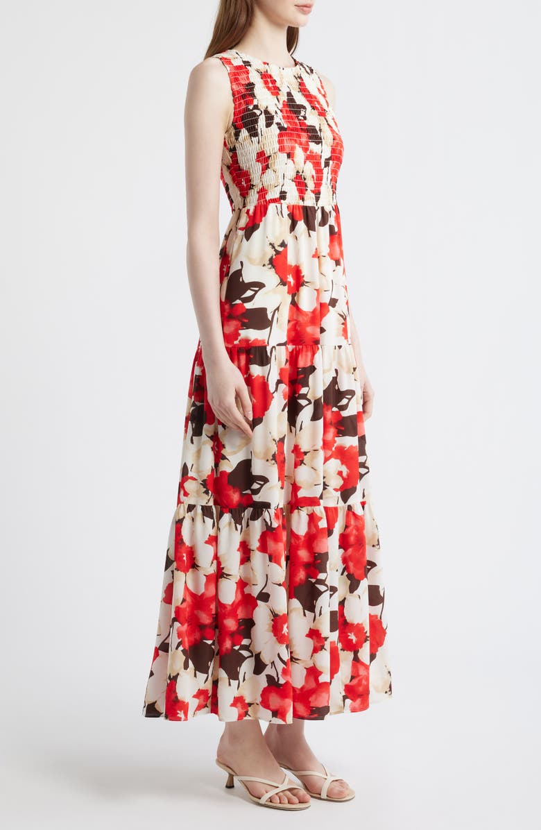 Anne Klein Smocked Bodice Sleeveless Flared Maxi Dress, Alternate, color, White Dove Multi