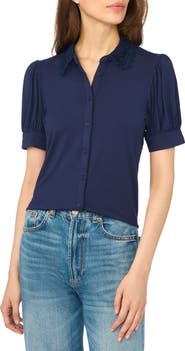 CeCe Scalloped Lace Collar Short Sleeve Shirt