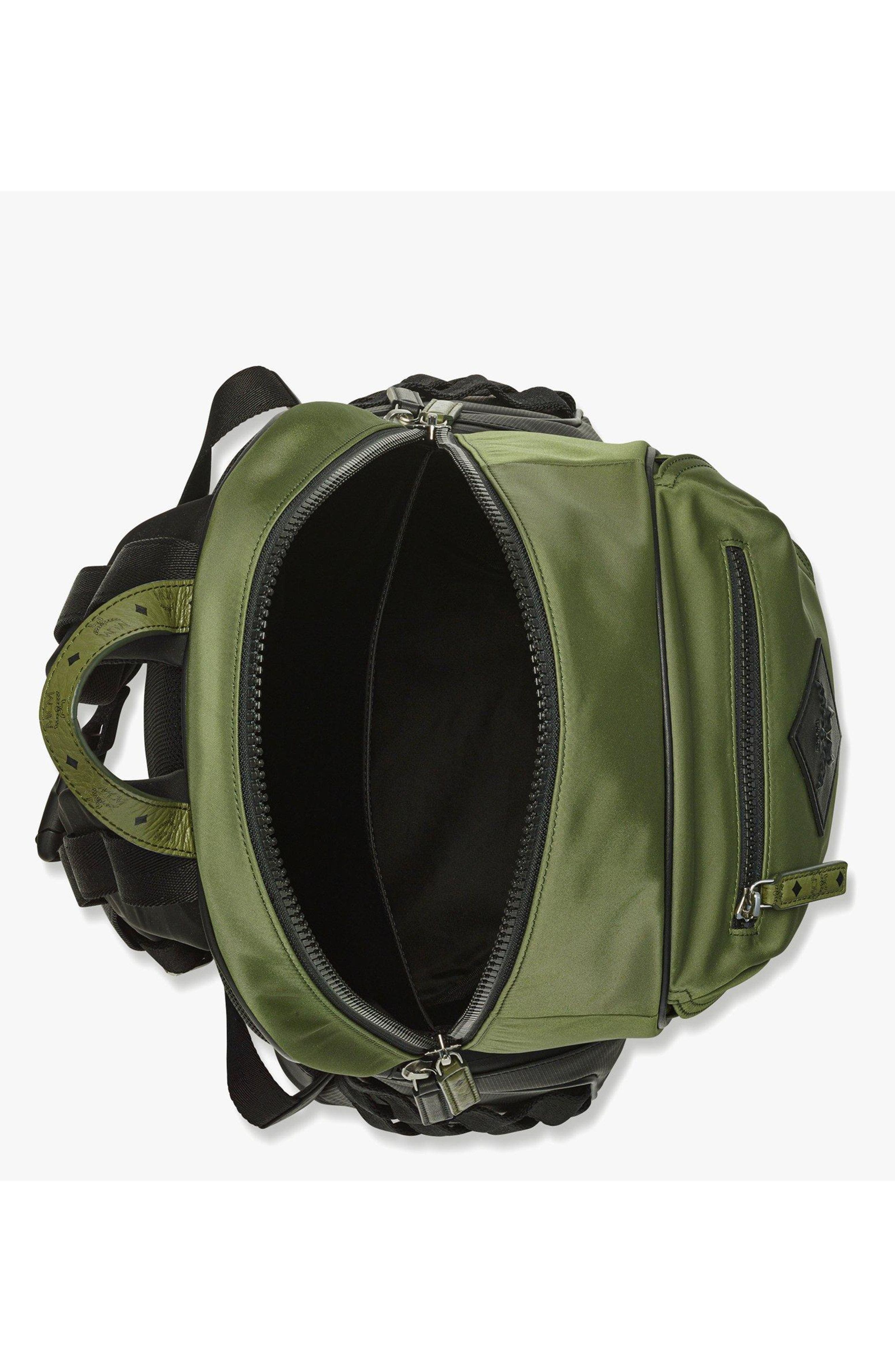 MCM Aren Backpack in ECONYLÂ<sup>®</sup> and Monogram Print Leather, Alternate, color, Khaki Moss