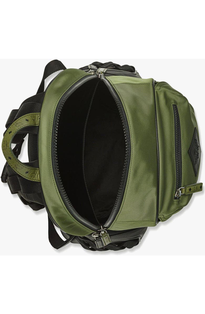 MCM Aren Backpack in ECONYLÂ<sup>®</sup> and Monogram Print Leather, Alternate, color, Khaki Moss