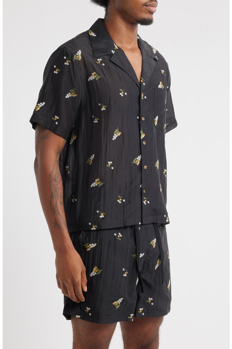 Madison Floral Cotton & Lyocell Plissé Camp Shirt, Alternate, color, BLACK