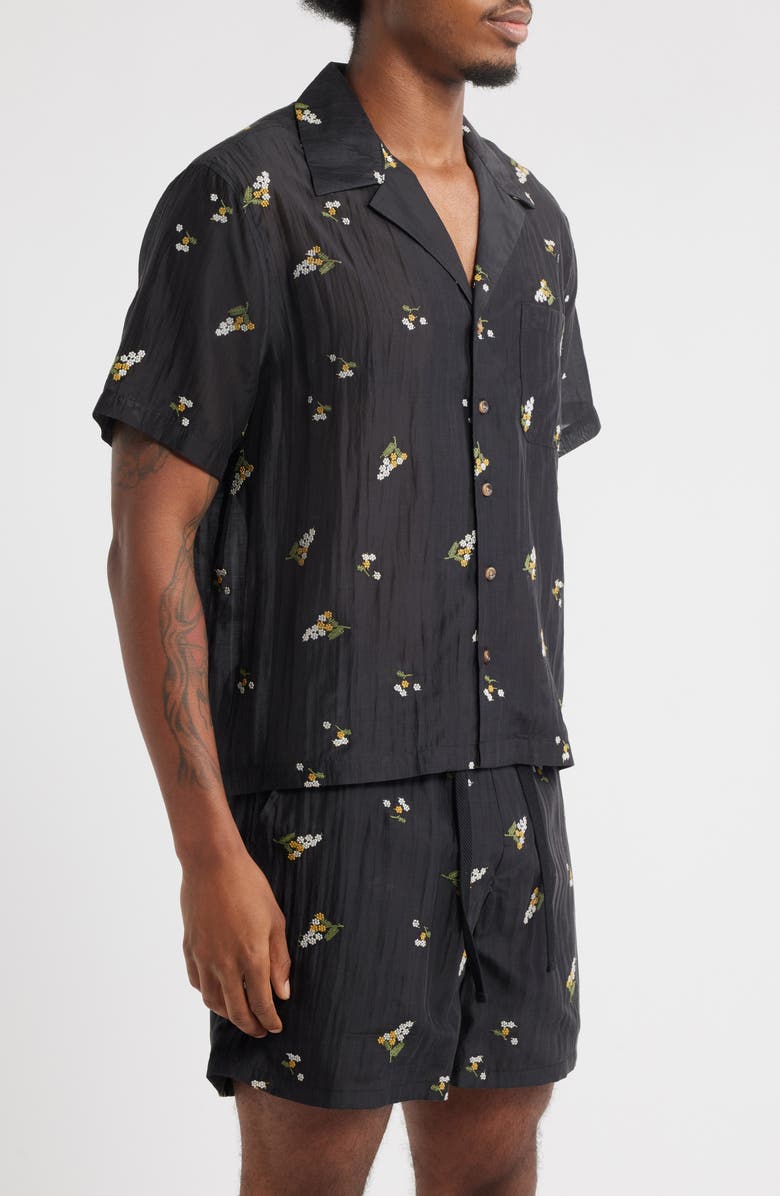 RIZORT Madison Floral Cotton & Lyocell Plissé Camp Shirt, Alternate, color, Black