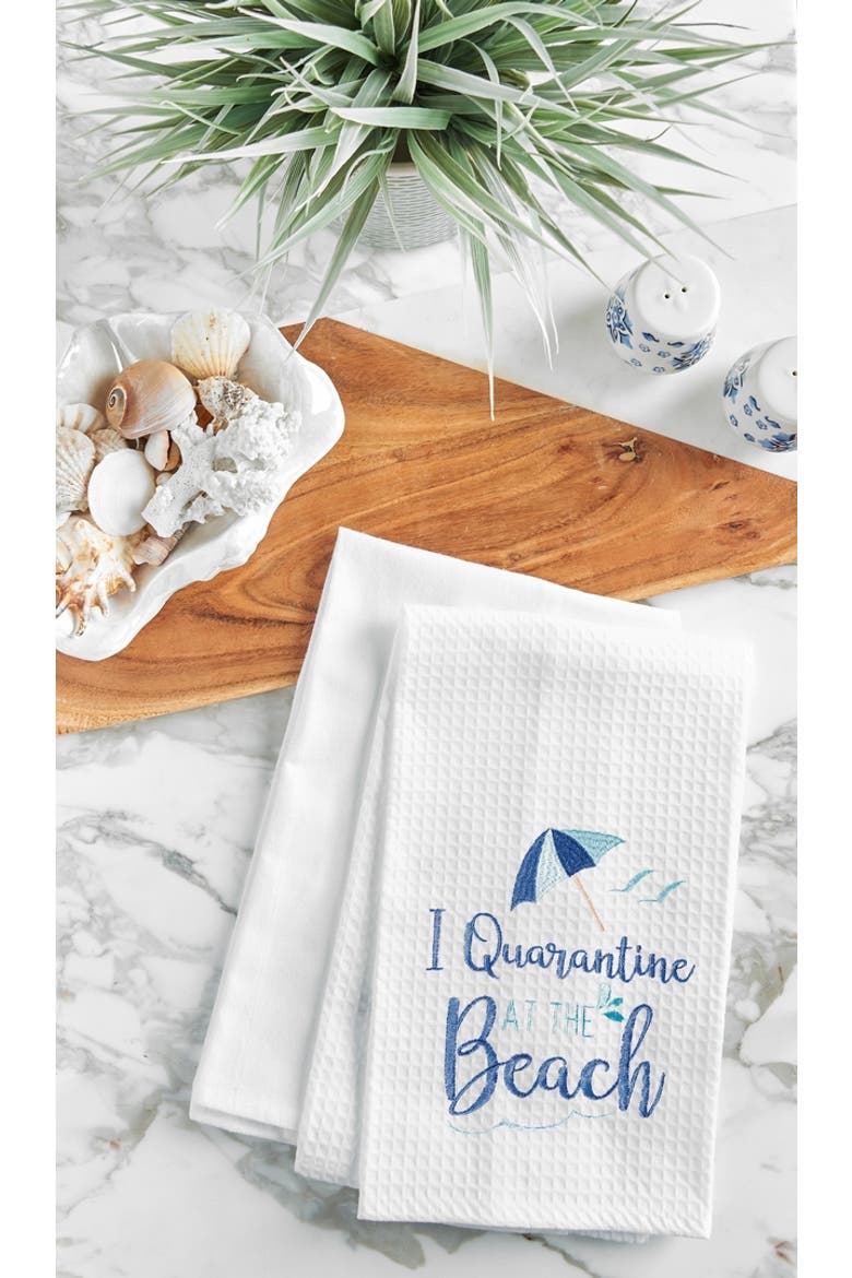 Quarantine At The Beach Embroidered Waffle Weave Dishtowel, Alternate, color, White