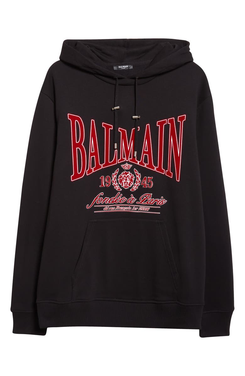 Balmain Flocked College Flag Appliqué Terry Cloth Hoodie, Alternate, color, Black/ Red