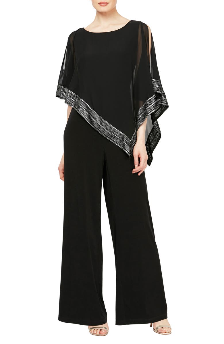 SL FASHIONS Asymmetrical Foil Trim Cape Jumpsuit, Main, color, 