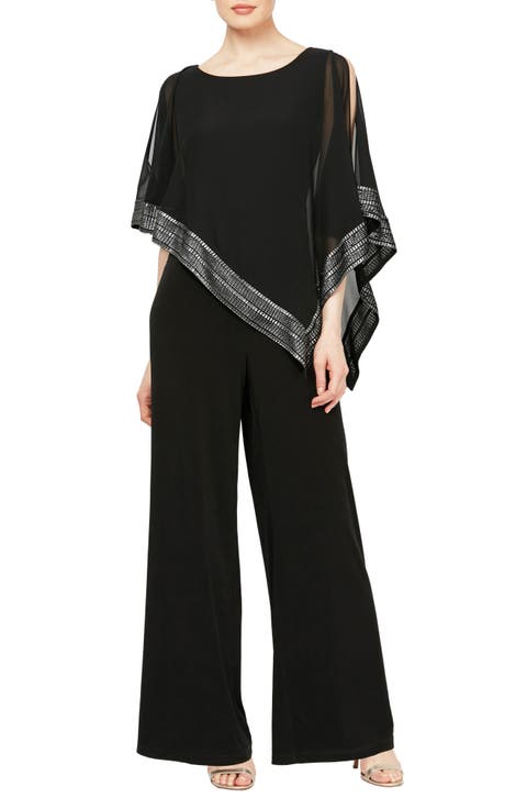 Asymmetrical Foil Trim Cape Jumpsuit (Petite)