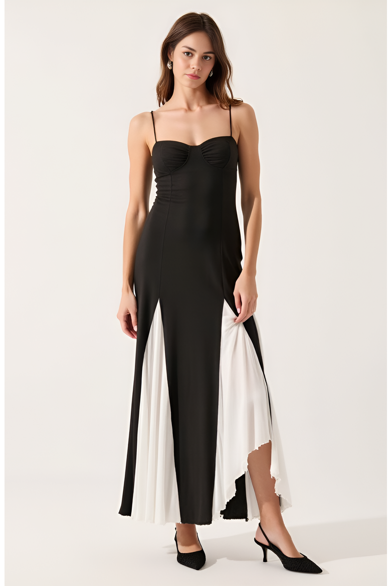 Spaghetti Strap Bustier Maxi Dress with Pleated Contrast Panels, Main, color, Black / White