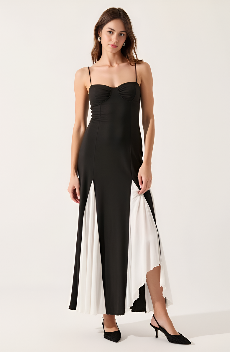 Modenaire Spaghetti Strap Bustier Maxi Dress with Pleated Contrast Panels, Main, color, Black / White