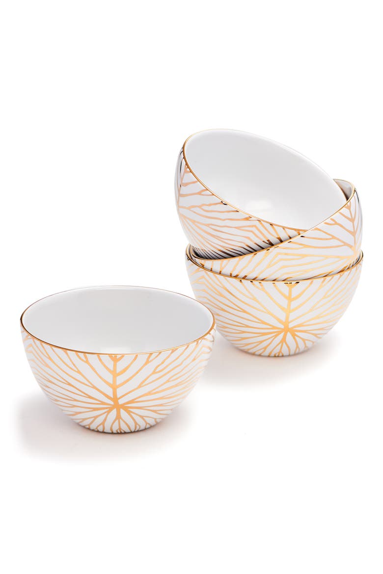 Set of 4 Talianna Lily Pad Ceramic Dessert Bowls, Main, color, WHITE AND GOLD