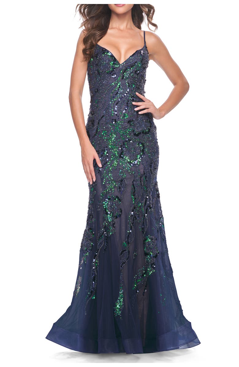 La Femme Mermaid Sequin and Beaded Embellished Prom Dress, Main, color, Navy