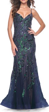 La Femme Mermaid Sequin and Beaded Embellished Prom Dress