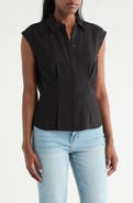 Pleione Cap Sleeve Pleated Button-Up Shirt