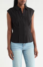 Pleione Cap Sleeve Pleated Button-Up Shirt
