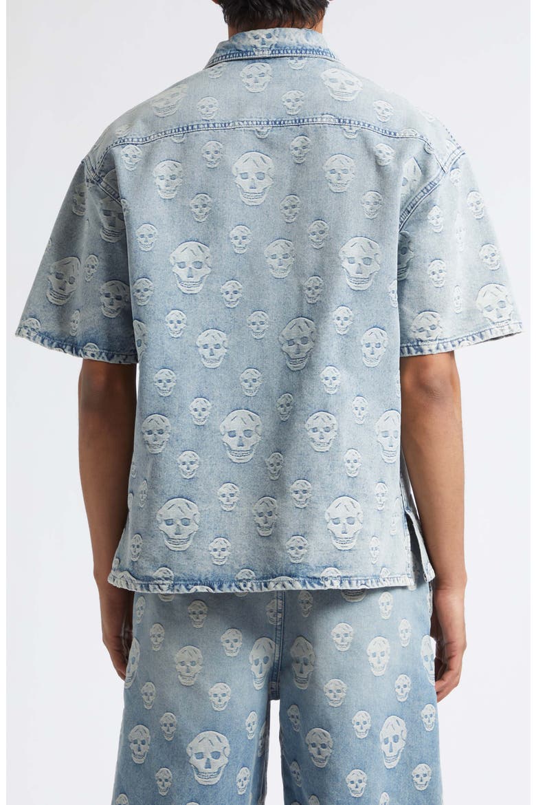 Skull Print Short Sleeve Denim Button-Up Shirt, Alternate, color, SAPPHIRE