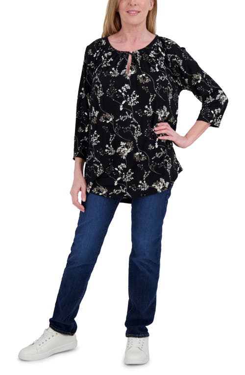 Lucky Brand Floral Raglan Sleeve Top In Jet Black