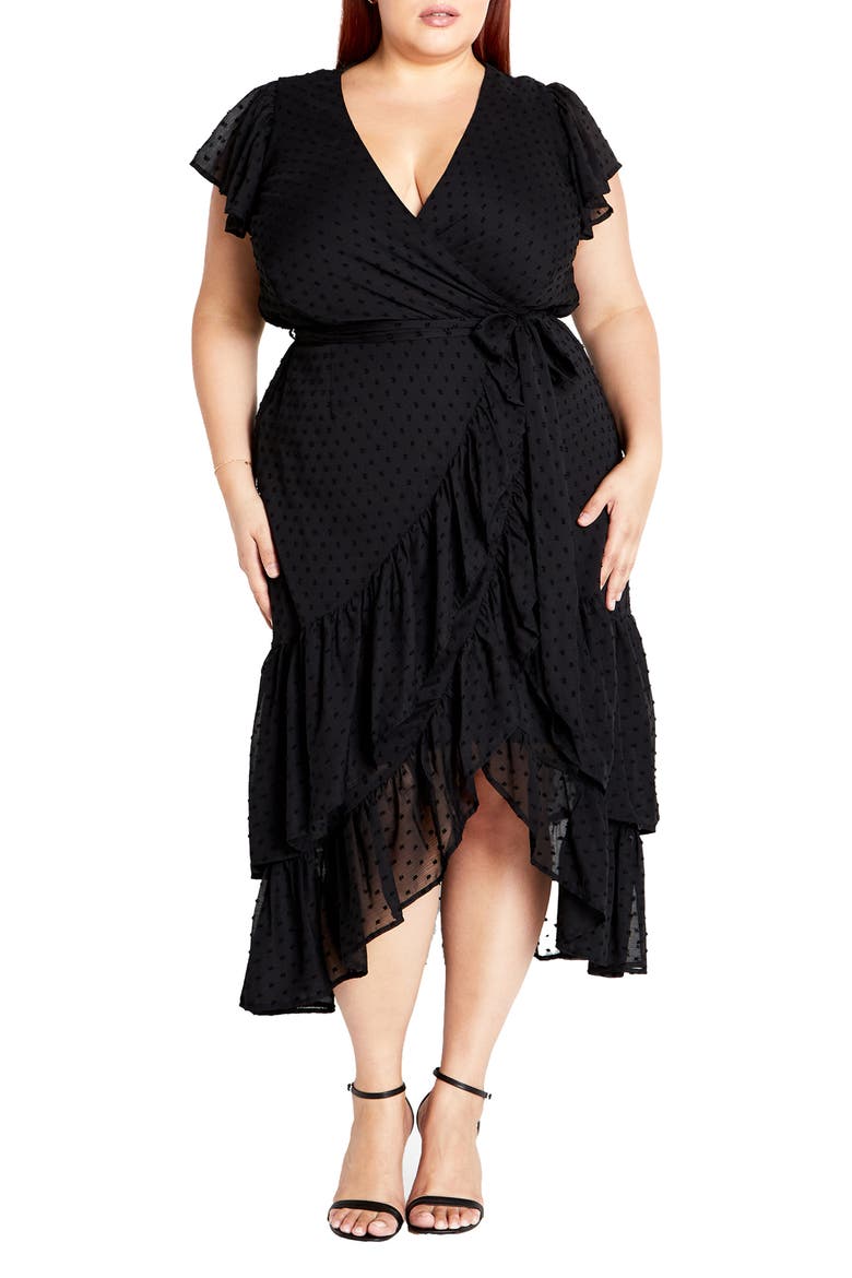 Clip Dot Wrap Front Dress, Main, color, BLACK