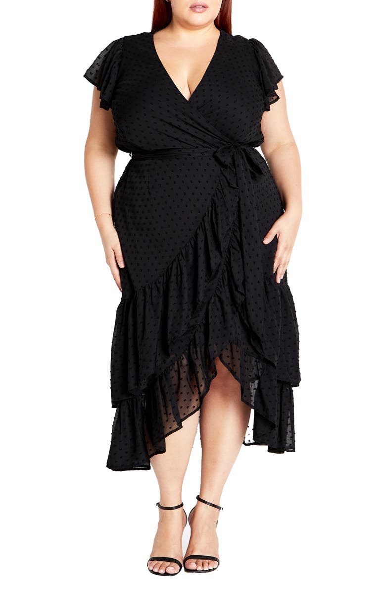 City Chic Clip Dot Wrap Front Dress, Main, color, Black