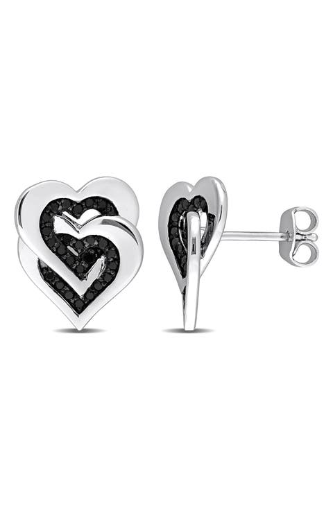 Black Diamond Double Heart Stud Earrings - 0.25ctw