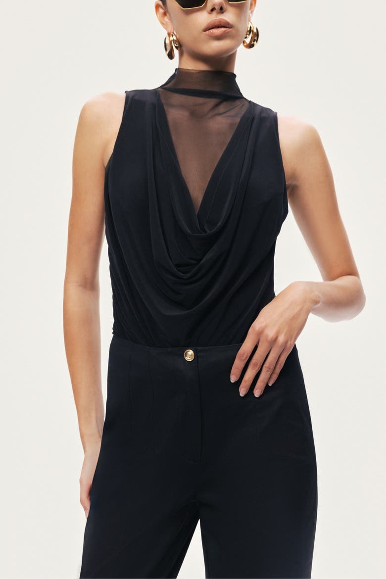 Draped Mesh-Panel Bodysuit, Alternate, color, Black