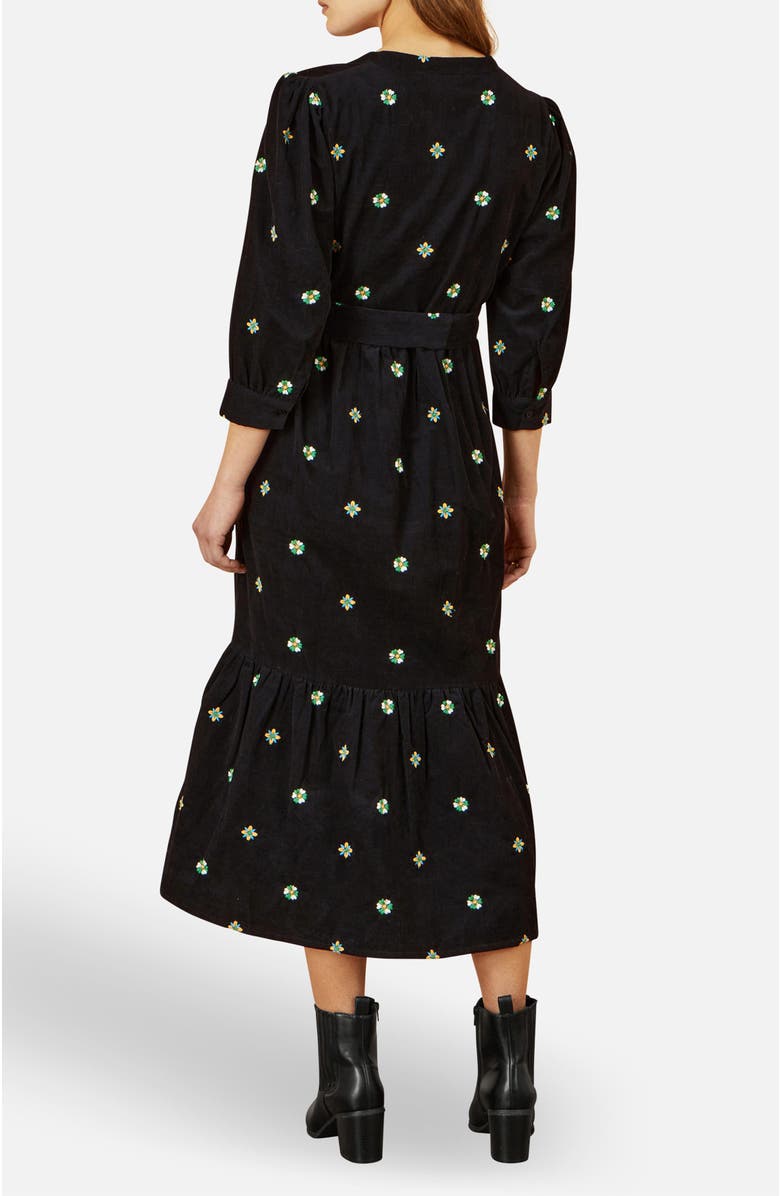 Yumi Flower Embroidery Midi Cord Dress, Alternate, color, Black