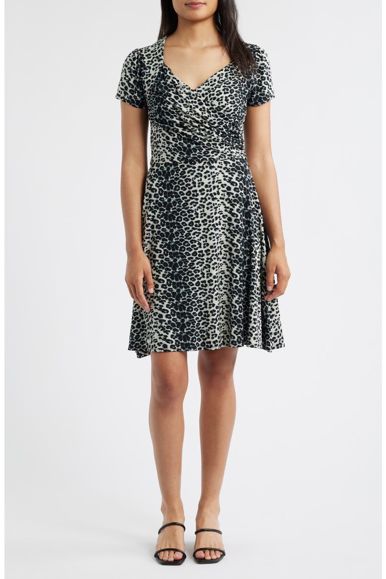 Leopard Print Surplice Neck Dress, Main, color, BLACK/ GRAY