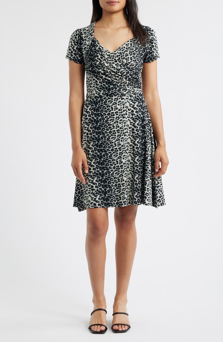 Loveappella Leopard Print Surplice Neck Dress, Main, color, Black/ Gray