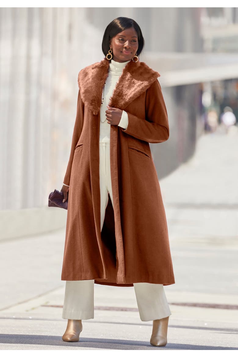 Long Wool-Blend Coat With Faux Fur Collar, Alternate, color, COGNAC