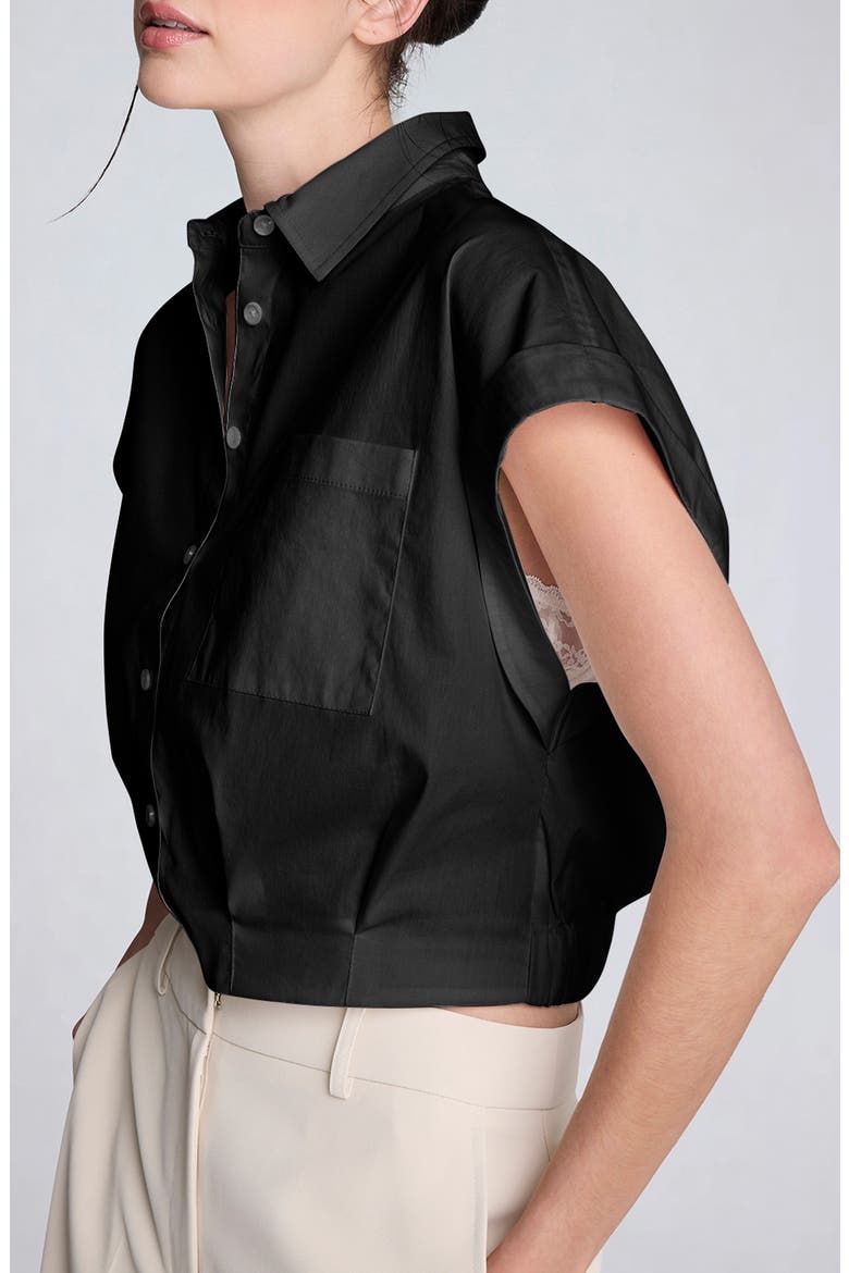 Cap Sleeve Crop Button-Up Shirt, Alternate, color, BLACK