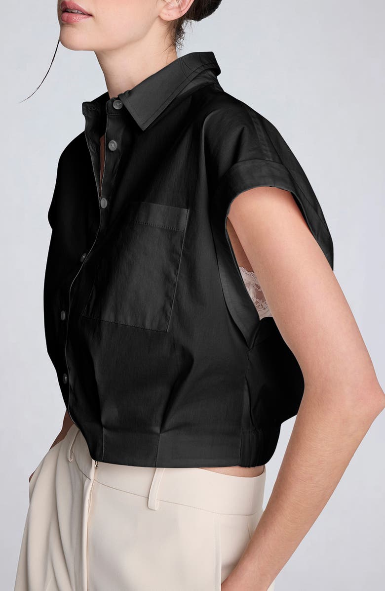 Kenneth Cole Cap Sleeve Crop Button-Up Shirt, Alternate, color, Black